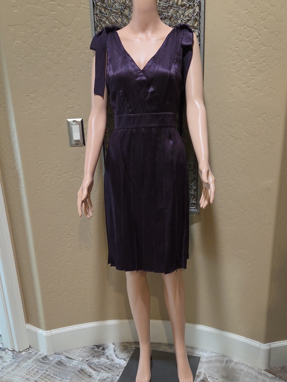 Ann Taylor Silk V-Neck Sleeveless Tie-Shoulder Pleated Purple Dress